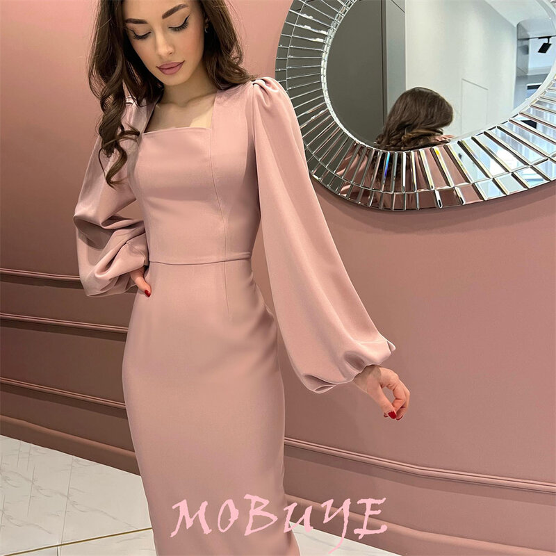 MOBUYE 2024 Popular Square Collar Neck Prom Dress Ankle-Length With Long Sleeves Evening Fashion Elegant Party Dress For Women