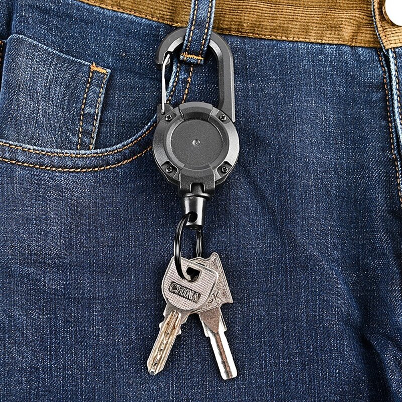 โซ่กุญแจแบบยืดหดได้เหยื่อปลอมสำหรับตกปลายืดหดได้ป้องกันการสูญหายพวงกุญแจหัวเข็มขัดแบบดึงง่าย
