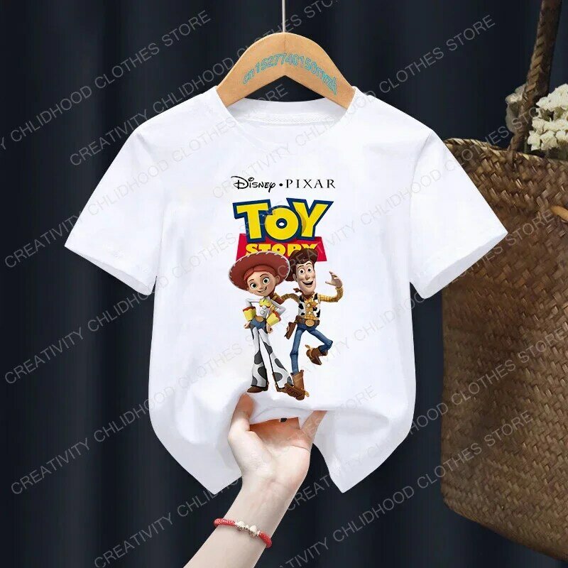 Camiseta de manga curta para menino e menina, manga curta t-shirt, design dos desenhos animados, toy story, woody, buzz lightyear, kawaii, casual
