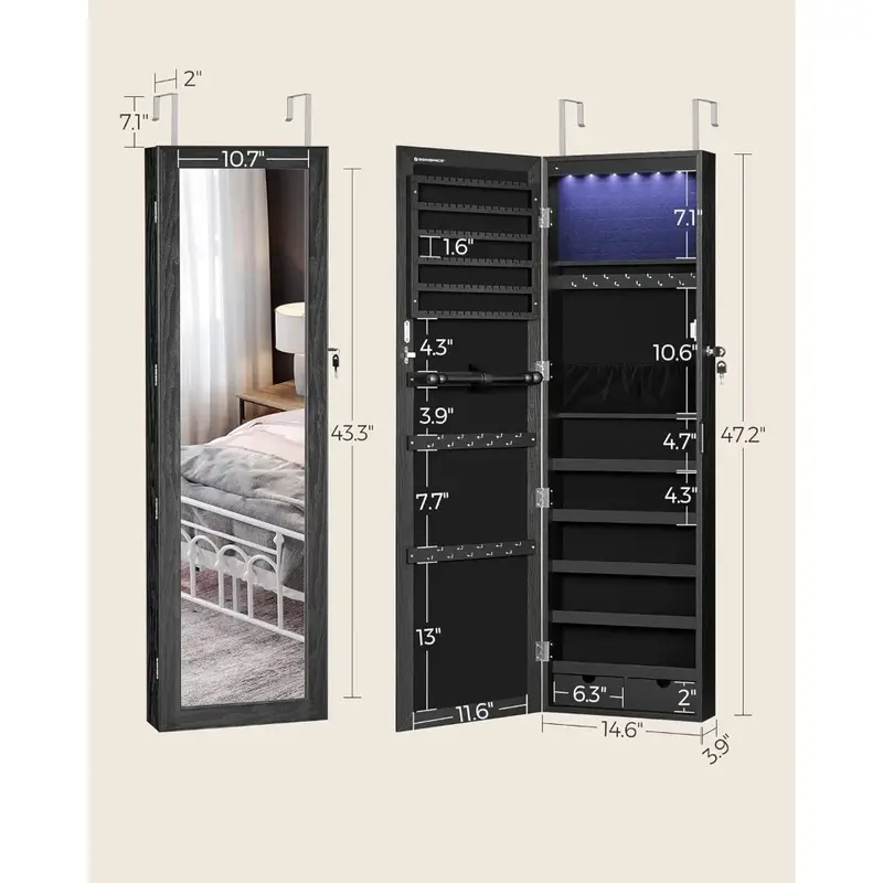 6 LEDs Mirror Jewelry Cabinet, 47.2-Inch Tall Lockable Wall or Door Mounted Jewelry Armoire Organizer with Mirror, 2 Drawers,