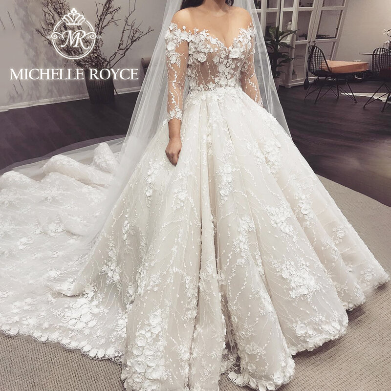Michelle Royce gaun pesta gaun pernikahan 2024 lengan panjang leher V 3D bunga applique gaun pernikahan untuk pengantin 2022 Vestido De Novia
