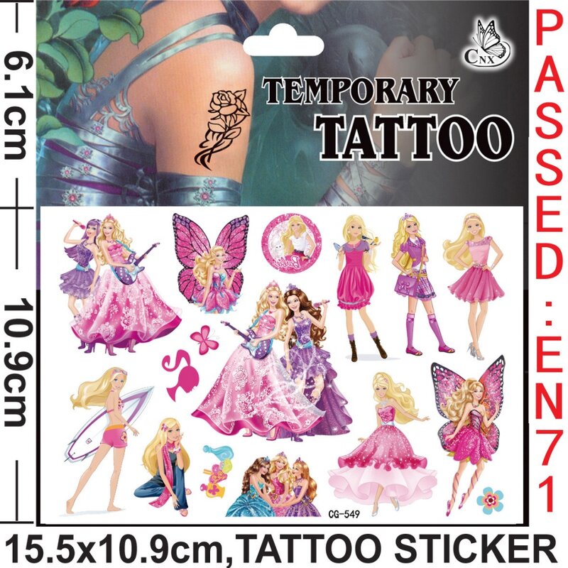 1/3/5 Sheet Barbie Tattoo Sticker Waterproof Original Pink Princess Sticker Birthday Party Supplies Decorations Kids Girls Gifts