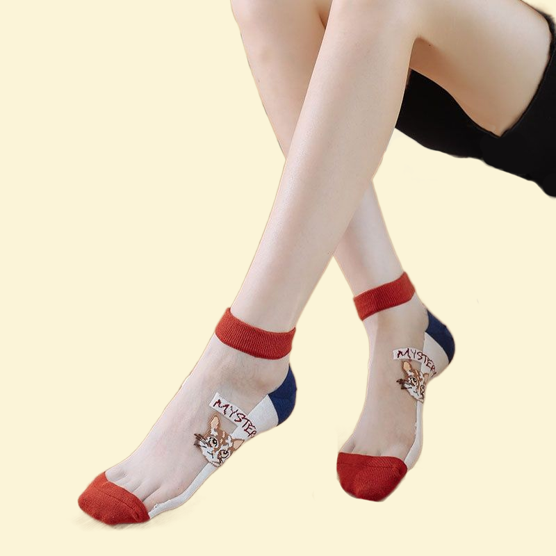 5 Pairs 2024 High Quality Women's Cat Cute Socks Glass Silk Breathable and Sweat-Absorbent Women's Short Stockings Short Socks