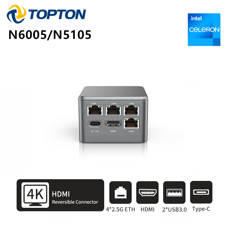 جيب 2.5G راوتر بنتيوم N6005 سيليرون N5105 4x إنتل i226-V جدار الحماية صندوق كمبيوتر صغير NVMe HDMI2.0 نوع C Proxmox OPNsense ESXi