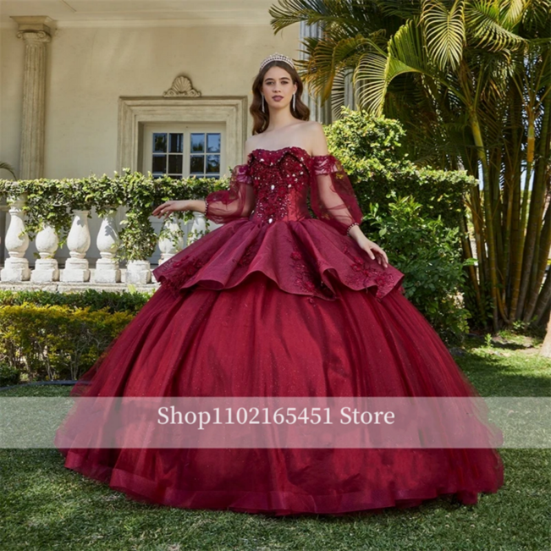 Платье принцессы винного цвета с кружевной аппликацией и открытыми плечами, 15-16 дней рождения