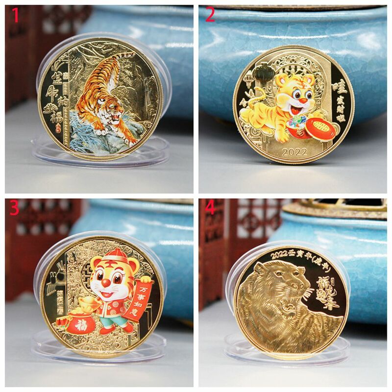 Cartoon chinês cor tigre moeda comemorativa, cultura chinesa, presentes de ano novo, moedas de ouro colecionáveis, 2022