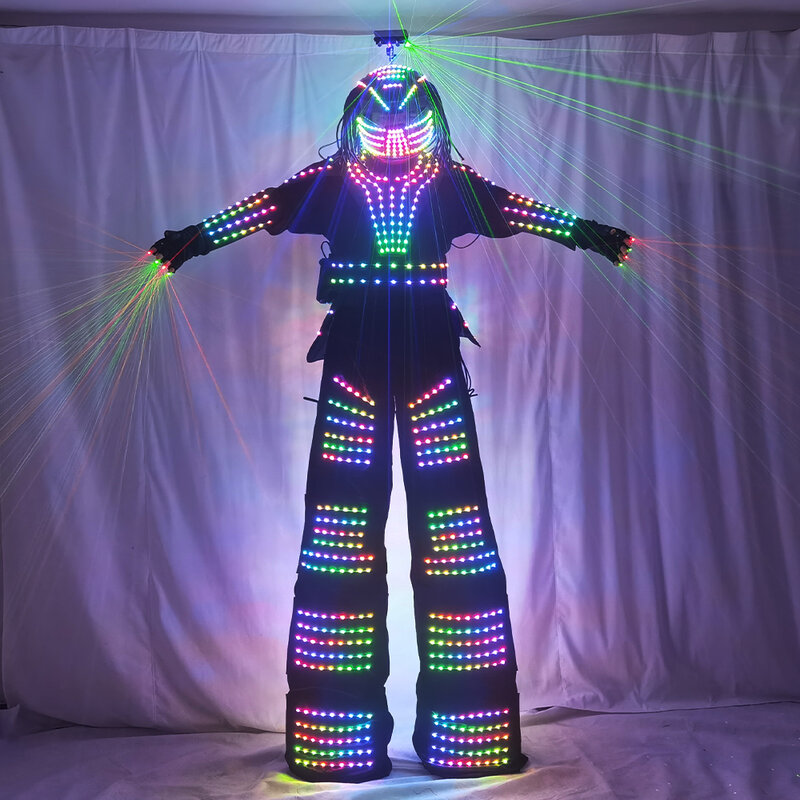 LED Robot Costume David Guetta Suit argento bianco pelle trampoli Walker Costume con guanti Laser casco amosfera Prop