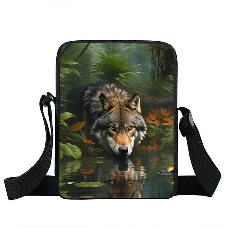 Tas selempang bermotif serigala untuk pria wanita, tas kurir, tas bahu motif serigala, tas tangan kasual untuk perjalanan, tas penyimpan ponsel, tas buku remaja