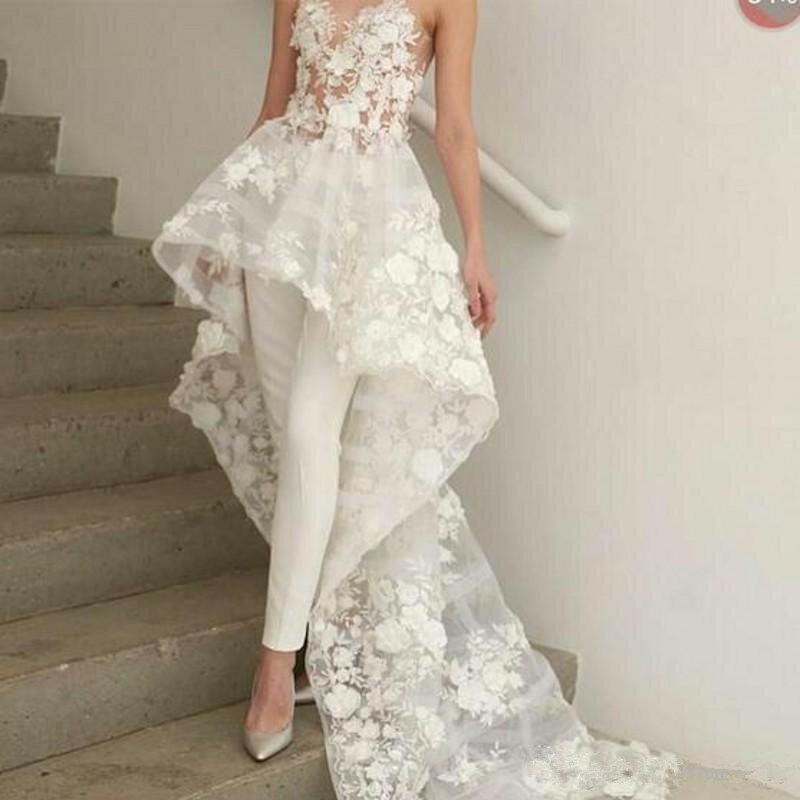 Sexy New Bohemian White Jumpsuits Wedding Dresses Long Train 2023 Sweetheart Lace 3D Floral Appliques Bridal Gown No pants