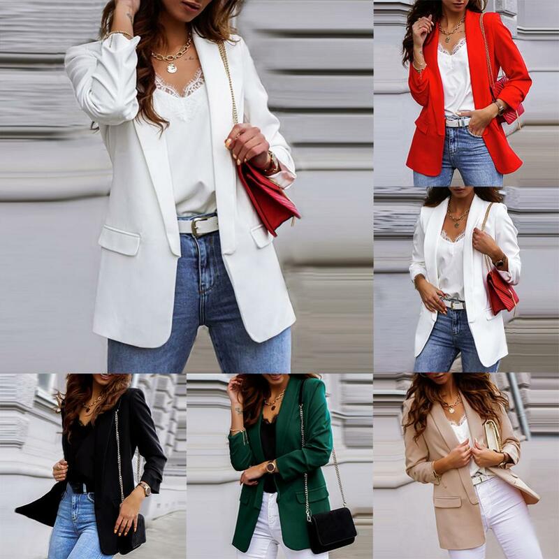 여성용 슬림 블레이저 코트, 시크한 레이디 단색 세트 재킷, 라펠, 가을 긴팔 재킷, 화이트 블레이저, 사무실