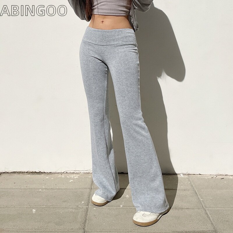 ABINGOO Casual Solid Color Exposed Navel Low Waist Long Pants For Women's Slim Fit Flared Pants, Sports Pants, Street Wear Pants