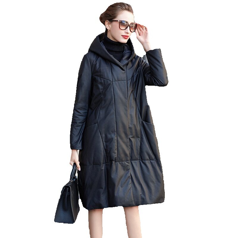 New Sheepskin Leather Coat Women's Loose Leather Down White Duck Down Hooded Long Coat