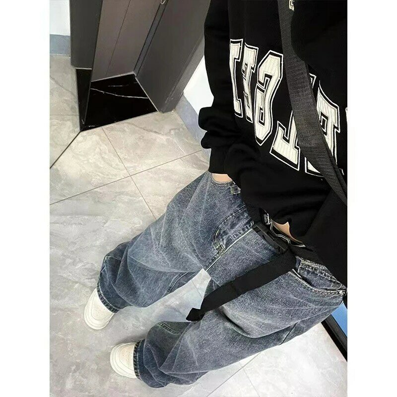 Harajuku Baggy Femme Jeans Y2K ciemnoniebieski brązowy wysoka talia, moda uliczna 90S luźne spodnie damskie spodnie prosta szeroka nogawka