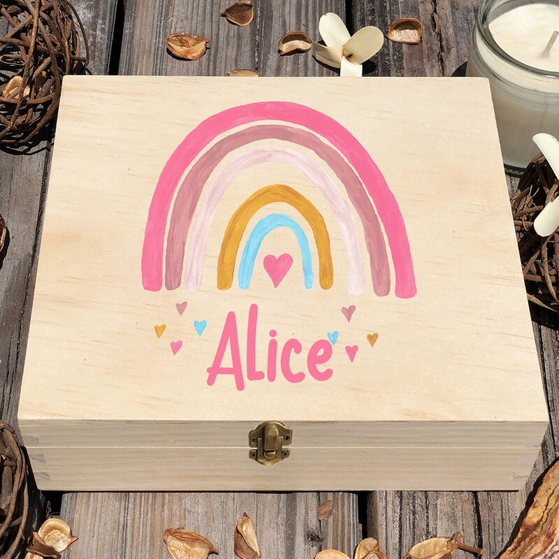 Spersonalizowane dziecko tęczowe pudełko niestandardowe drewniane pudełko z pamięcią otłuszczową pudełko na pamiątki noworodek prezent pod prysznic statystyki urodzenia