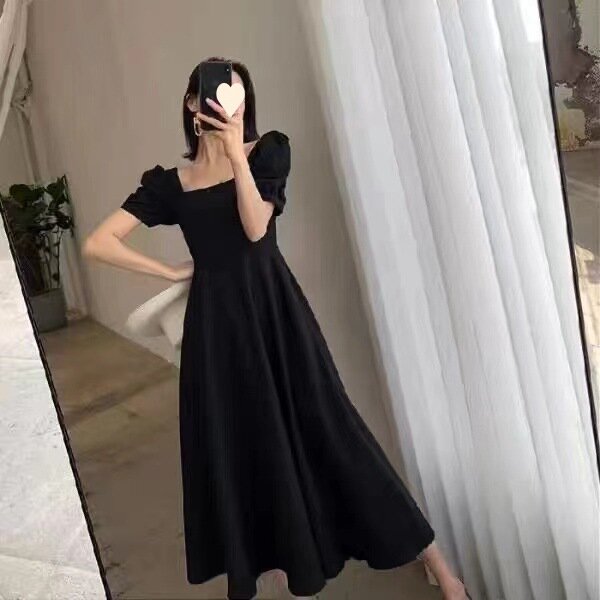 Berpakaian wanita 2024 musim panas baru Instagram Tea Break Dress elegan persegi leher di atas lutut panjang gaya Hepburn gaun hitam kecil