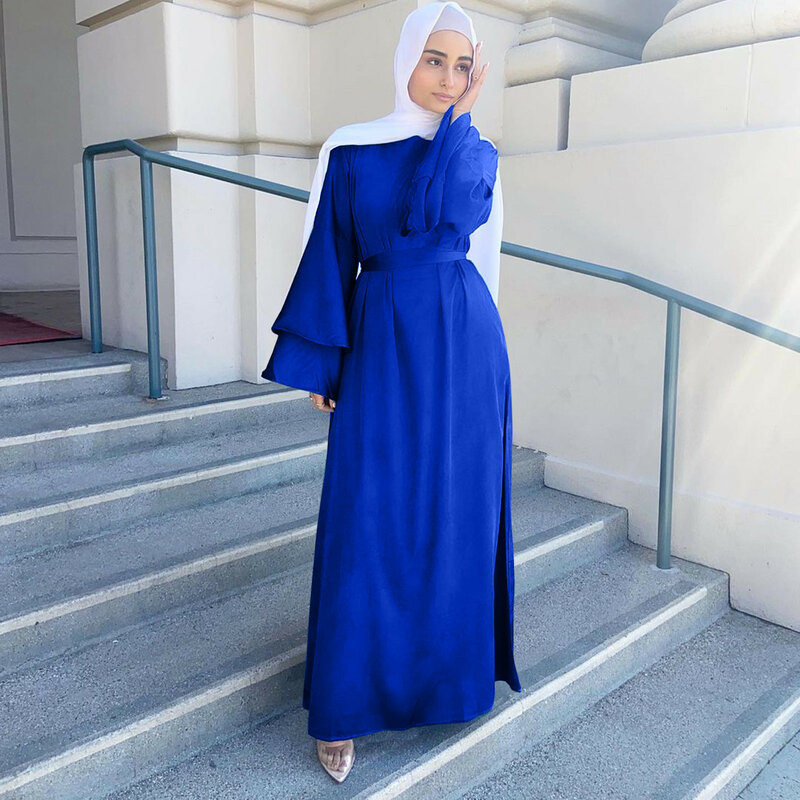 ชุดเดรสแฟชั่นสำหรับสตรีมุสลิมชุดเดรสแฟชั่นเอวนุ่มและแขนยาวผ้าซาตินทึบชุดเดรสมุสลิมชุดเดรส sukienki damskie