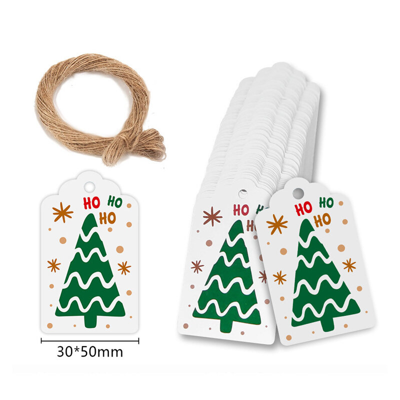 100Pcs Christmas Tag Cartoon Kraft Paper Pendant Card Gift Label with Hanging Rope Merry Christmas Tree Ornament 2023 New Year
