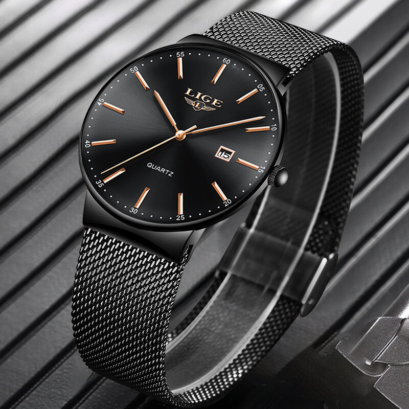 LIGE-Relógio de pulso quartzo impermeável ultra fino masculino, Relógio de negócios masculino, Relógio de data