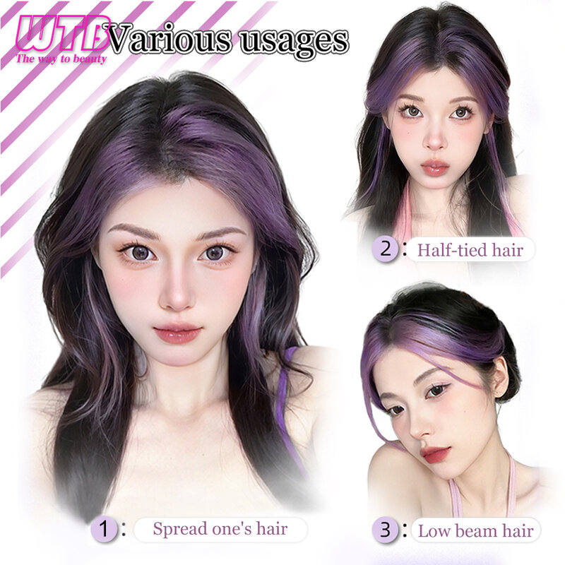 WTB 여성용 합성 앞머리 가발, 핑크 보라색, 푹신한 내추럴 커버, 흰 머리 앞머리 가발, 하이라이트