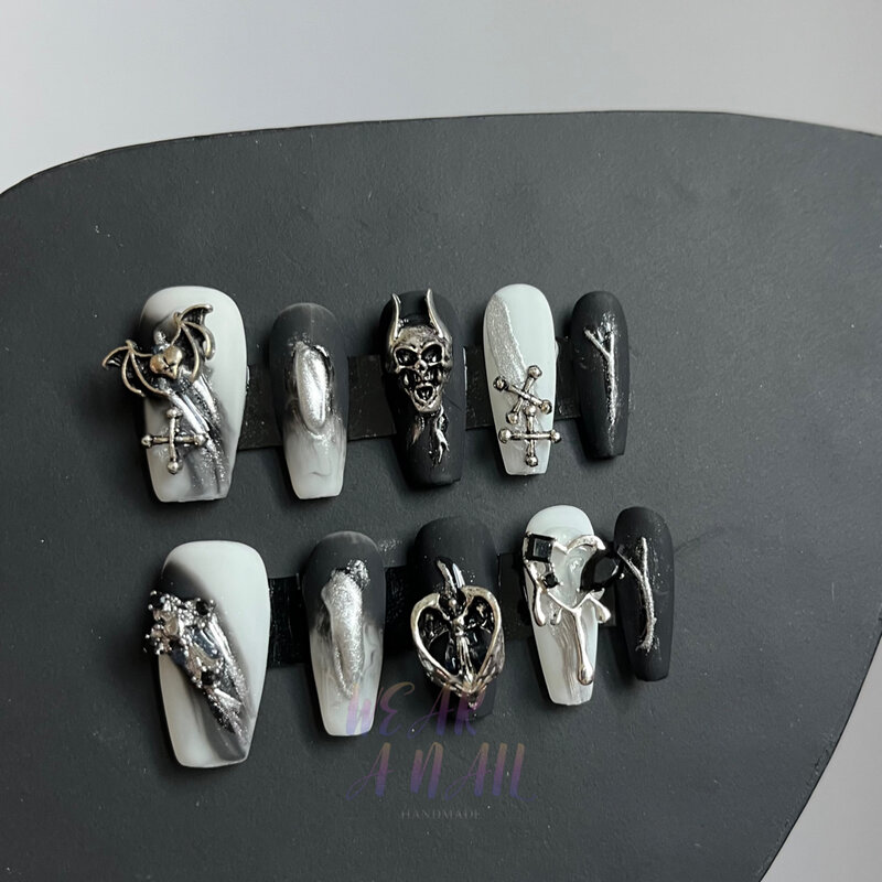 10PCS Handmade Frosted Luxury Dark Press On Nails Black Goth Charms Long False Nails y2k Pressons Full Cover Wearable Nail Tips