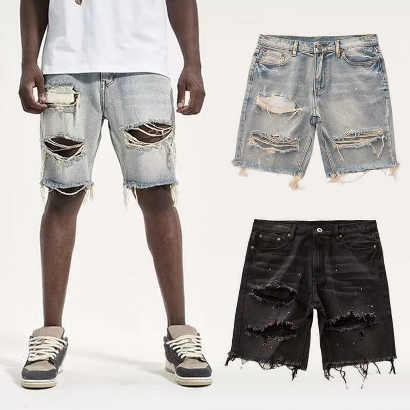 Shorts jeans angustiados dos homens, jeans elegantes de botão com furos rasgados, multi bolsos para um verão na moda