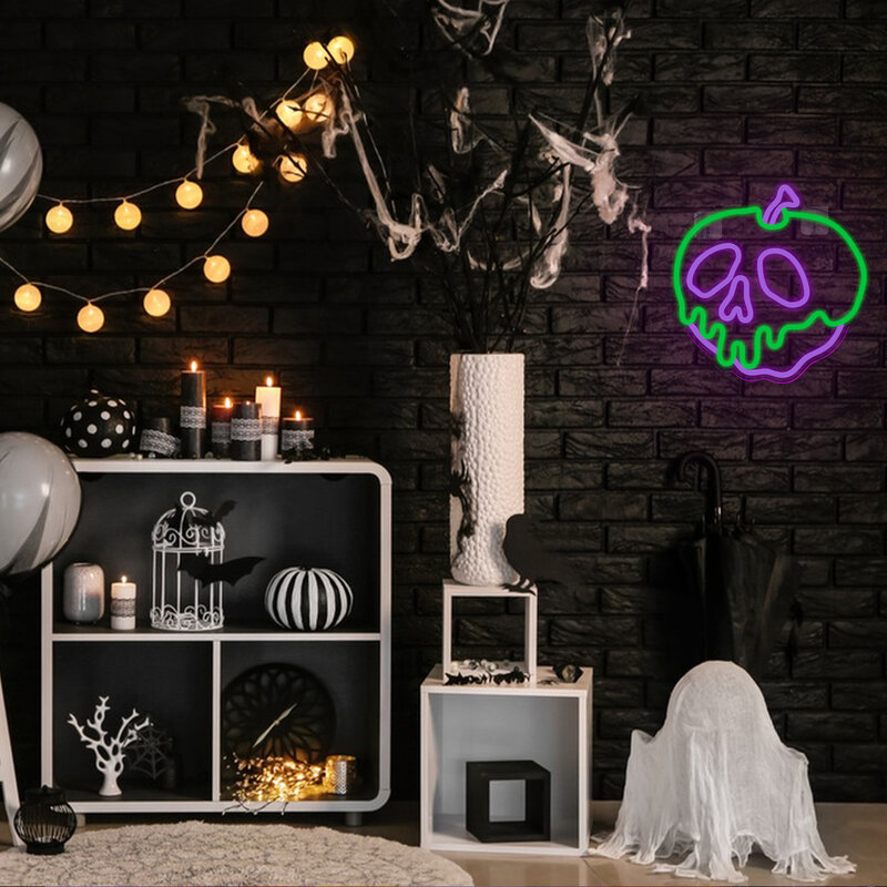 Letrero de neón de calavera y manzana, luces LED alimentadas por USB para habitación de niños, Casa Encantada, decoración de Bar, arte de pared de fiesta de Halloween, decoración de logotipo