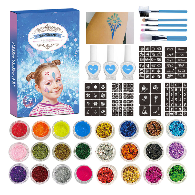 Set di tatuaggi temporanei con Glitter a diamante colorato pennello per trucco in polvere glitterata colla per tatuaggi kit per Body Art per il viso del tatuaggio per bambini