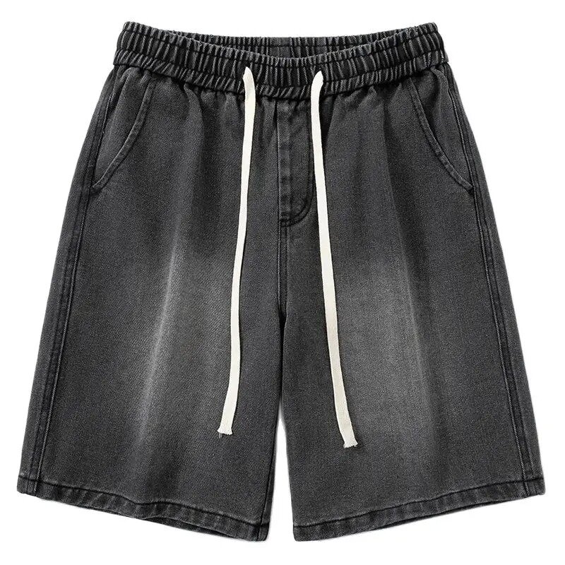 Celana pendek DENIM ขากว้างของผู้ชาย, เสื้อผ้าลำลองแบบบางระบายอากาศได้ดีกางเกงผู้ชายขาสามส่วนผู้ชายแฟชั่นมีรอยยับใหม่ฤดูร้อน