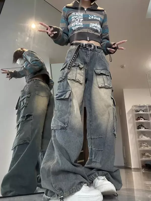Джинсы Y2K с несколькими карманами, дизайнерские Американские рабочие джинсы в стиле high street, женские свободные широкие штаны, модные брендовые нишевые потертые брюки