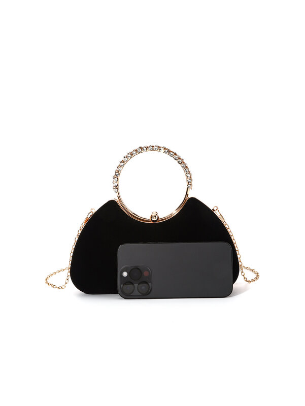 Berlian imitasi flanel hitam padat dengan berlian, tas kotak berbentuk khusus pegangan tangan untuk pesta dan pernikahan