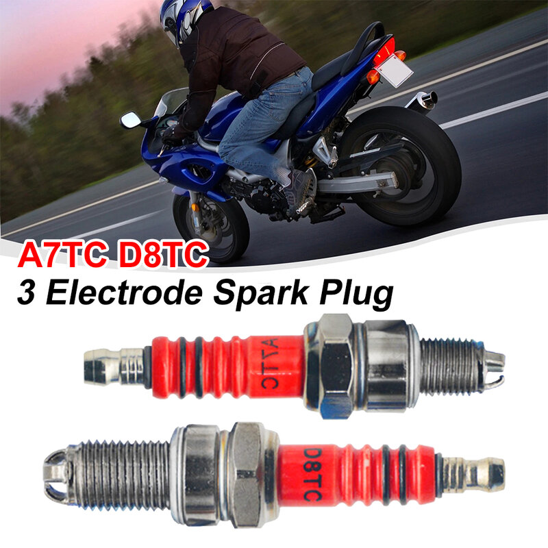3 elektroda 10/12mm busi Plug A7TC D8TC cocok untuk ATV skuter sepeda motor Trail aksesoris sepeda motor Go Kart