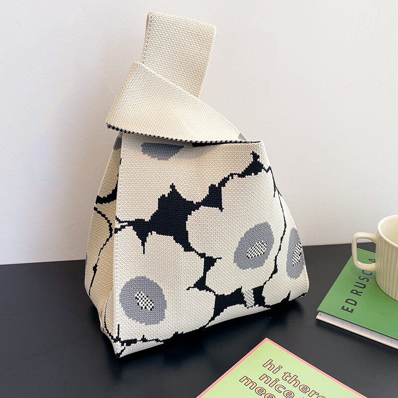 Bolsa de malha artesanal para mulheres, Mini Knot Wrist Bag, Sacola da flor japonesa, Sacos de compras reutilizáveis para meninas