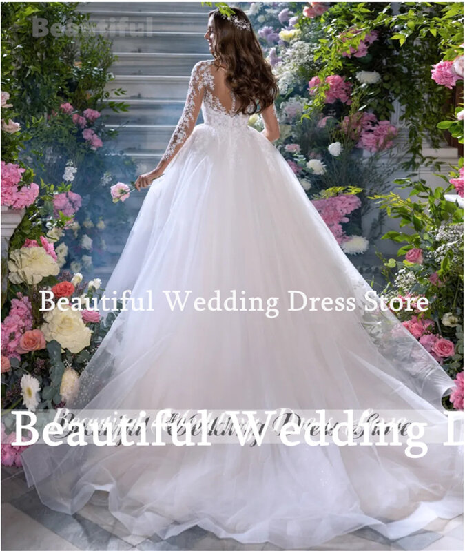Vestidos de novia 2024 Sheer O-Neck Long Sleeve Lace Appliques Wedding Dress A-Line Tulle Bridal Gown New Wedding Party Dress