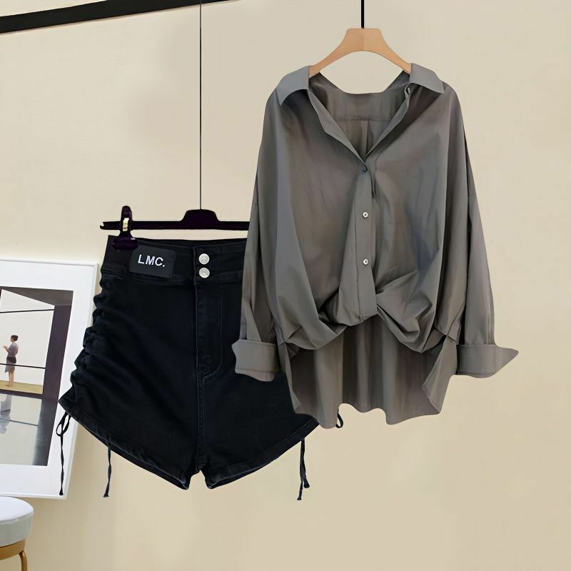 Женский летний комплект из трех предметов, повседневная винтажная Солнцезащитная рубашка + майка + шорты с высокой талией в Корейском стиле, новинка 2024