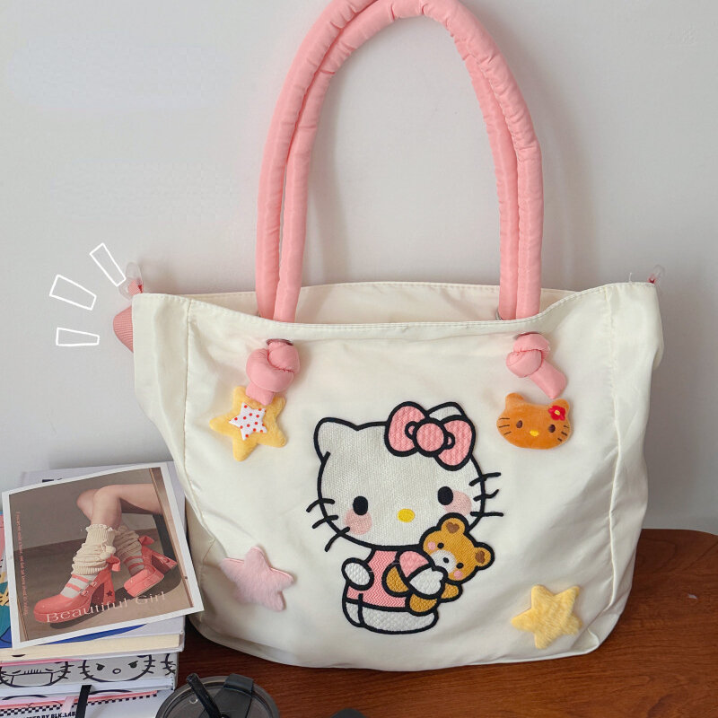 MBTI Hello Kitty Womens Tote Bag Embroidery Nylon Large Capacity Cute Cartoon Shoulder Bag Casual Commuter Travel Female Handbag