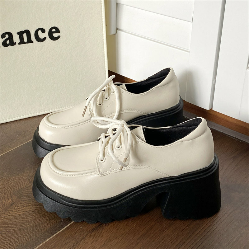 Sapatos de plataforma oxford para mulheres, baixo, baixo, confortável, casual, preto, marrom, com renda, britânico