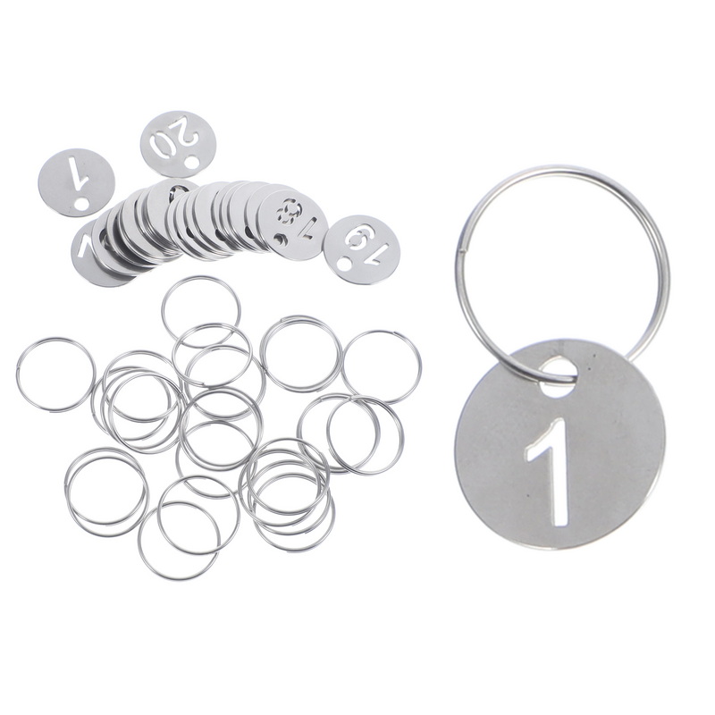 20 buah tag pengenal kunci nomor pelat nomor dengan cincin label baja tahan karat
