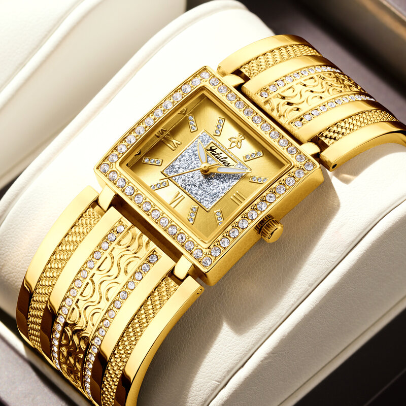 Бренд YaLaLuSi, новинка 2024, женские часы с золотой гравировкой, кристаллы, бриллианты, роскошный стиль, коробка, Открыватель часов, ионное покрытие