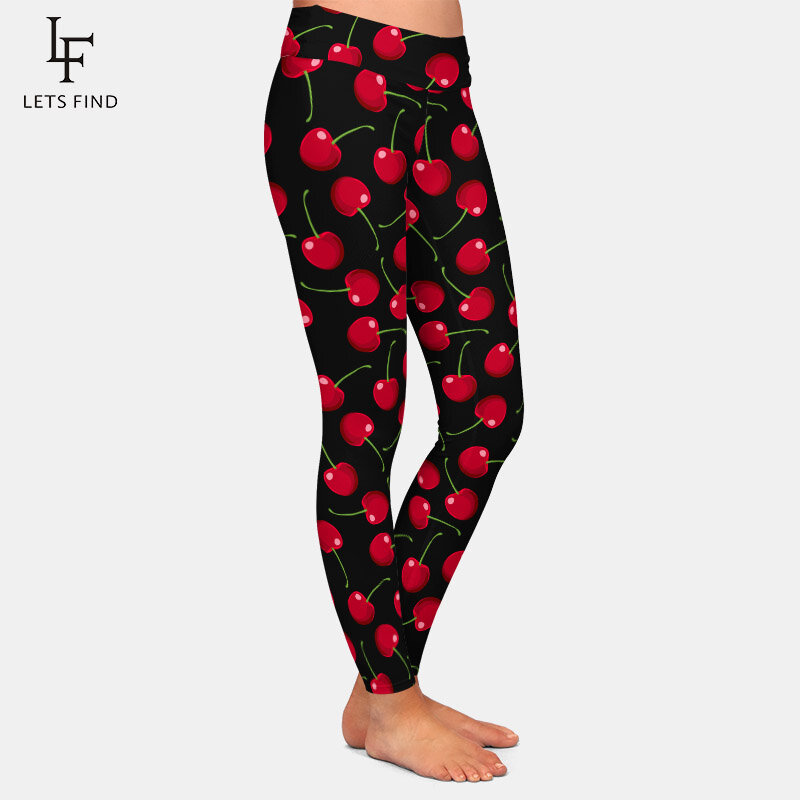 LETSFIND Fashion New Fruit Print ciliegie rosse stampa digitale Leggings da donna Leggings Fitness morbidi e sottili a vita alta