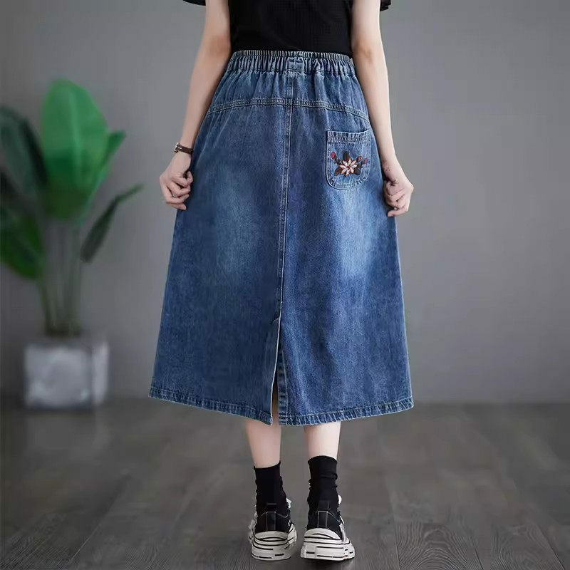 Jupe Denim Midi Oversized Women's Skirt 2024 Summer New Jeans Embroidery Mid Length Versatile Lace Up Elastic Waist Saias K1410