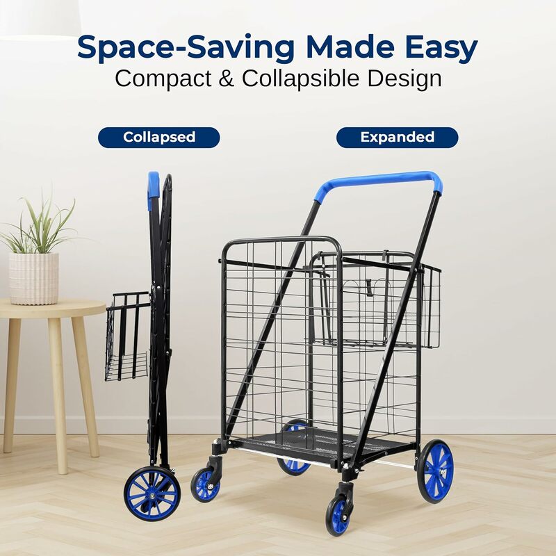 SereneLife-carrito de utilidad plegable, carrito de compras y lavandería portátil con cesta desmontable, resistente, fácil deslizamiento