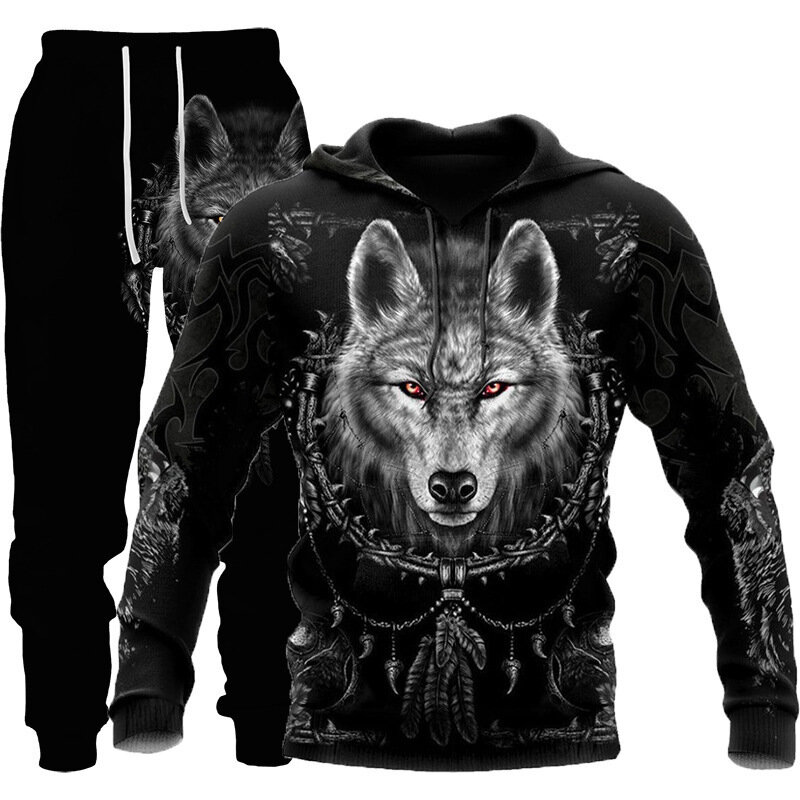 3D tigre e lobo impresso com capuz e calças para homens e mulheres, conjunto de treino, sportwear, roupas legais, animais, outono, inverno, 2 peças