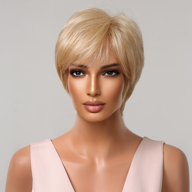 Short Straight Blend Human Hair Wigs Golden Blonde Bob Pixie Cut Wigs with Bangs Human Hair Blend Synthetic Wigs Heat Resistant