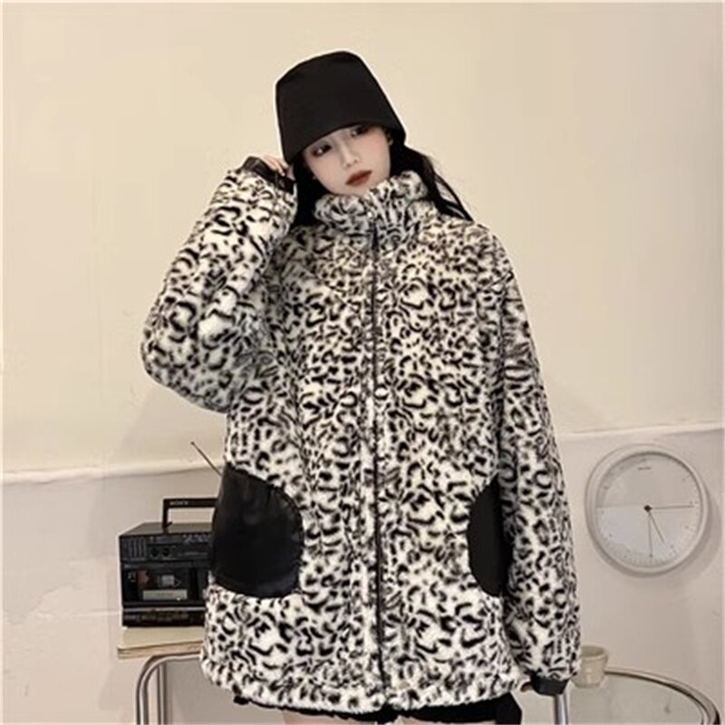 Jaqueta feminina com estampa de leopardo, jaqueta de algodão, couro PU grosso, veludo de cordeiro, nova, outono e inverno, 2023