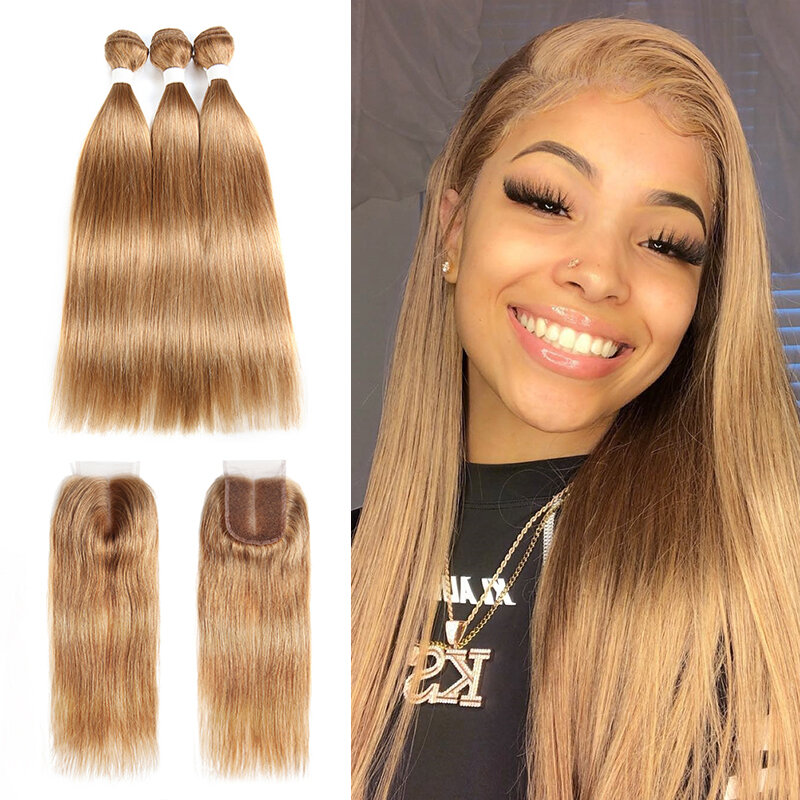 Straight Human Hair Bundles With Closure Honey Blonde Colored Hair Weave 3 Bundles With Closure Brazilian Remy Hair Bundles