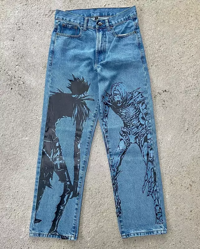 Harajuku Anime nowe japońskie styl jeansy z wysokim stanem z grafiką dżinsy z szeroką nogawką jeansy Y2K dla mężczyzn szerokie spodnie do spodni