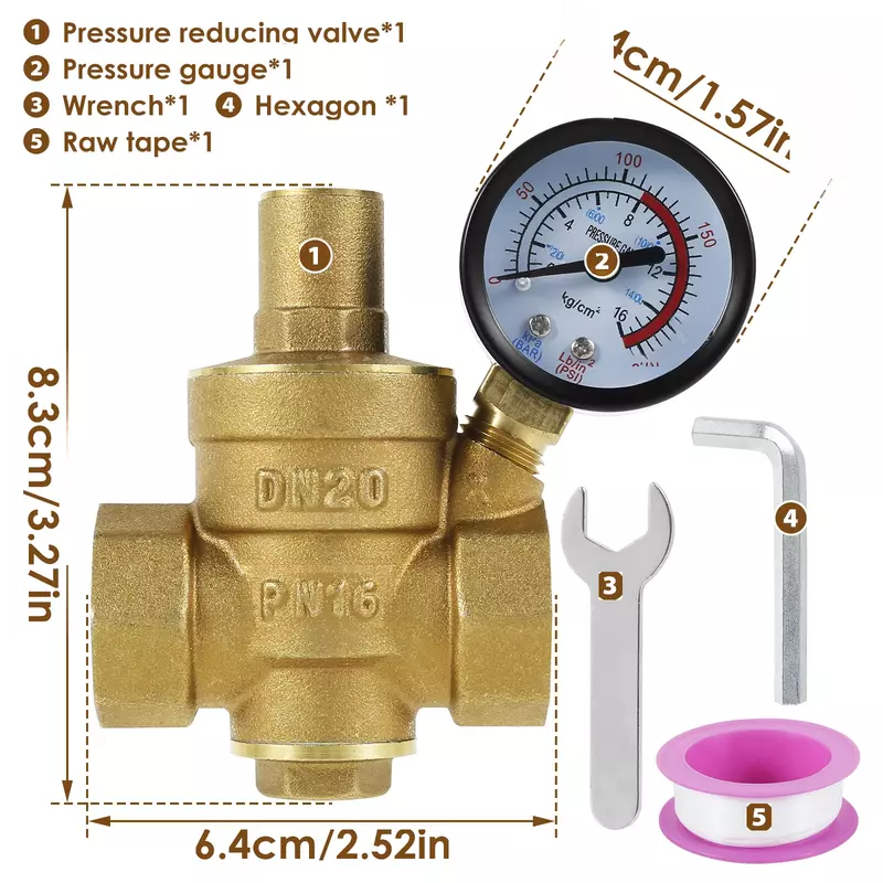Reductor de presión de agua, válvula reguladora de presión de agua de latón DN20 de 3/4 pulgadas, 1/2 pulgadas, manómetro ajustable DN15