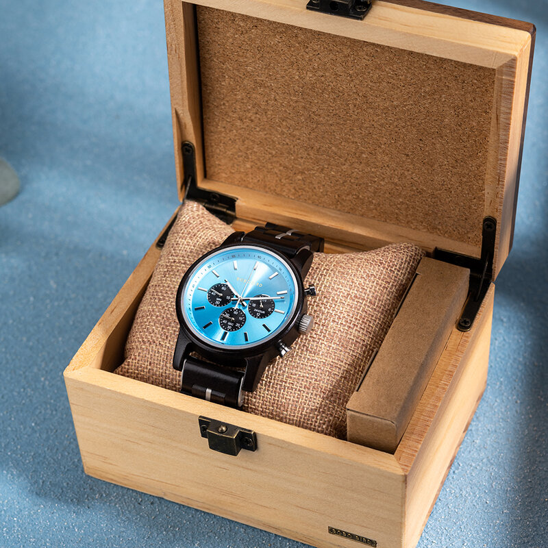 BOBO BIRD الرجال الساعات الخشبية الفاخرة الذكور الكوارتز ساعة اليد متعددة الوظائف كرونوغراف مع عرض التاريخ مخصص reloj madera