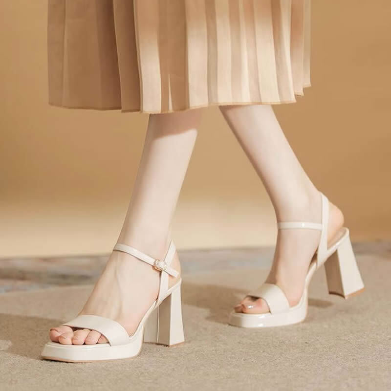 Nowe letnie sandały damskie ze skóry bydlęcej damskie buty z kwadratowym noskiem Super wysokie szpilki solidne masywne obcasy beżowe sandały na platformie dla kobiet