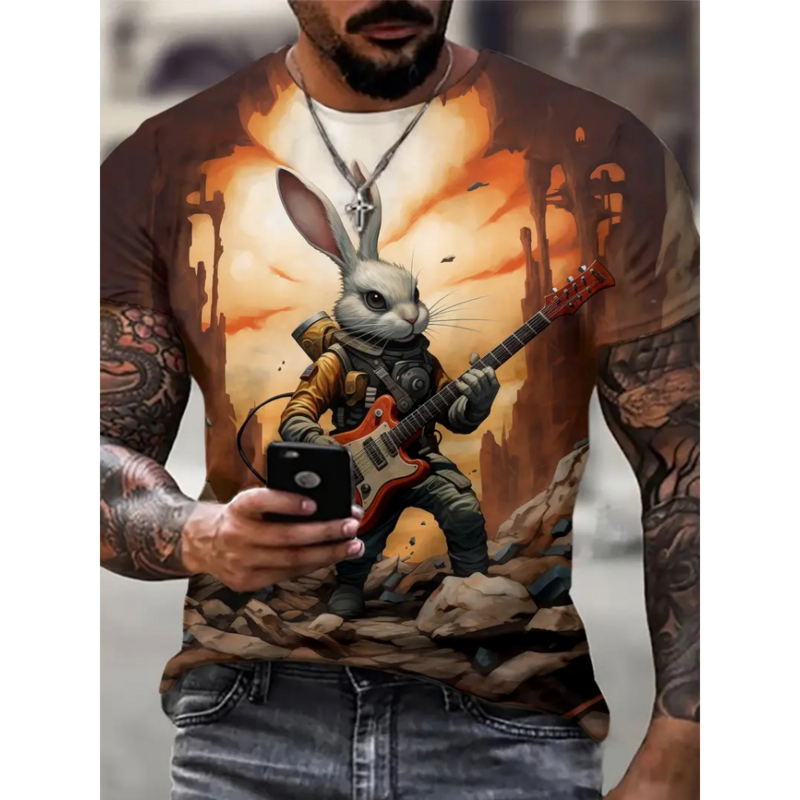Camiseta de manga curta 3D estampada animal masculina, roupa vintage, top casual diário, camiseta retrô na moda, verão, 2024